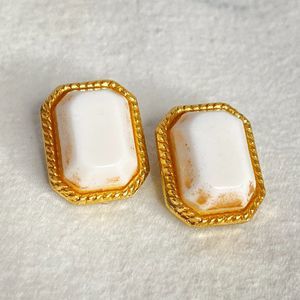 Japan Stud Clip On Earrings White Rectangular Stones On Gold Tone Metal